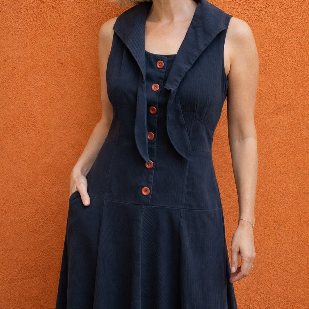 ✨ Anna Sui Navy Pinstripe Dress – Statement Collar & Button Front - S-✨